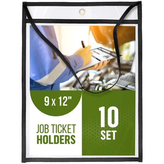 10 Pack Hanging Job Ticket Holders with Strap 9x12 in - Black Shop Ticket Holders with Hanging Strap - Heavy Duty Work Order Plastic Sleeves 9 x 12 in - Clear Plastic Sleeve - Building Permit Holder