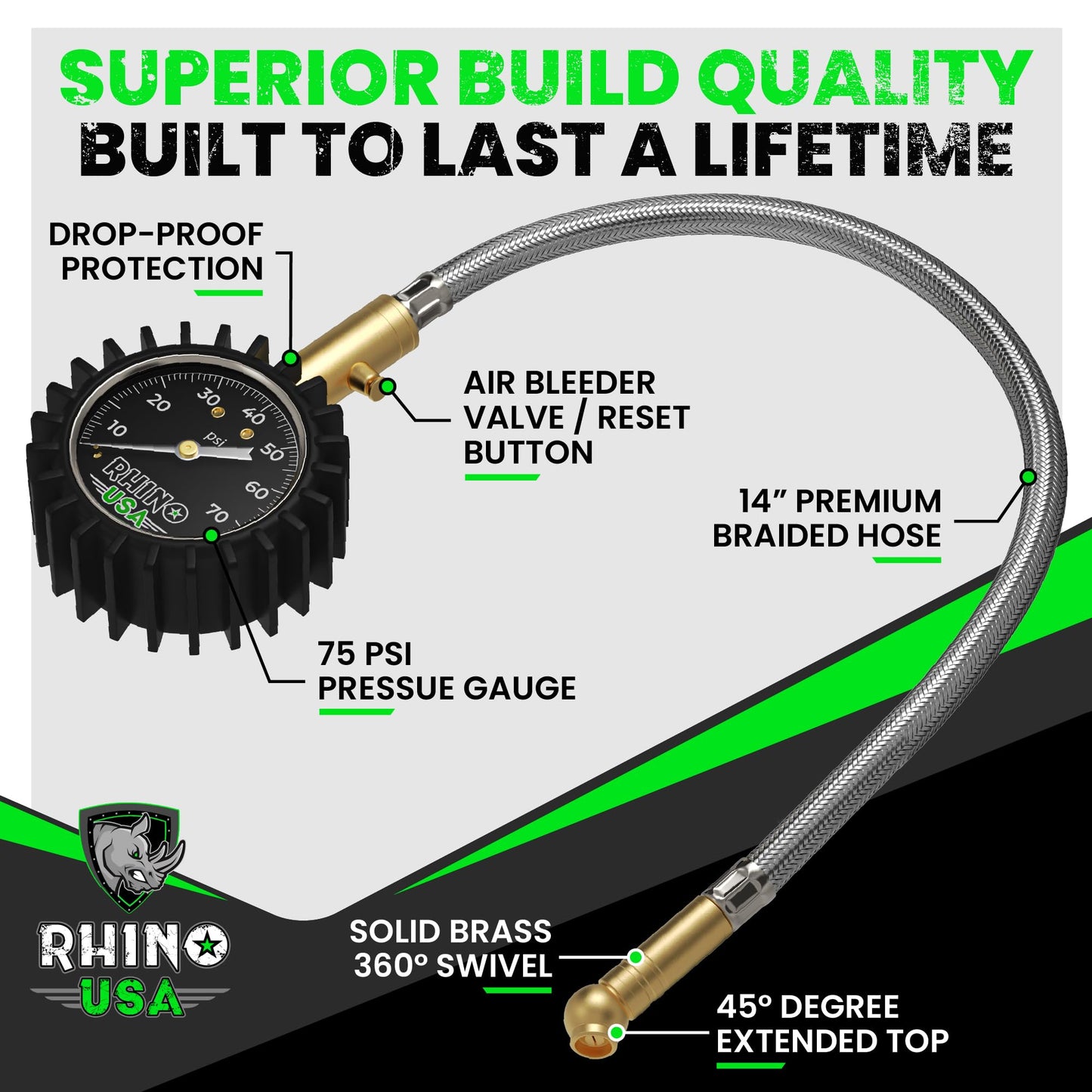 Rhino USA Heavy Duty Tire Pressure Gauge - Certified ANSI B40.1 Accurate, Large 2" Easy Read Glow Dial, Solid Brass Hardware, Best Any Car, Truck, Motorcycle, RV (75psi w/Hose)
