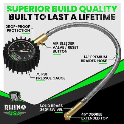 Rhino USA Heavy Duty Tire Pressure Gauge - Certified ANSI B40.1 Accurate, Large 2" Easy Read Glow Dial, Solid Brass Hardware, Best Any Car, Truck, Motorcycle, RV (75psi w/Hose)