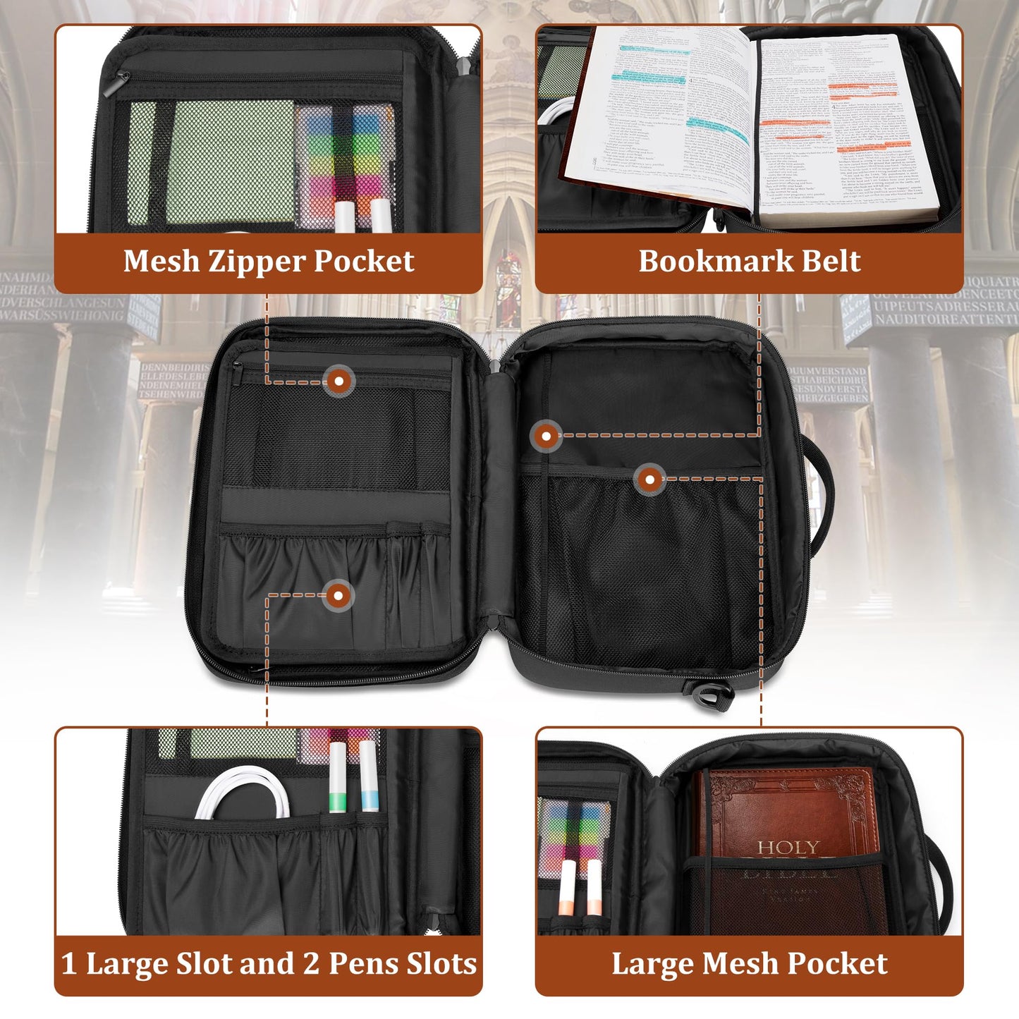 Damero Bible Cover for Men Women, Bible Carrying Case Church Bag with Pockets and Shoulder Strap, Black (Patent Pending)