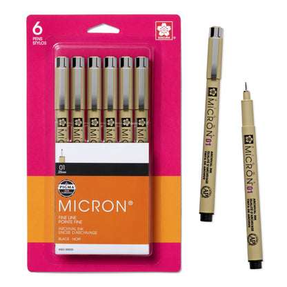 SAKURA Pigma Micron Fineliner Pens - Archival Black Ink Pens - Pens for Writing or Drawing - Holiday Gifts for Artists, Crafters & DIY Gifts Projects - Black Ink - 01 Point Size - 6 Pack