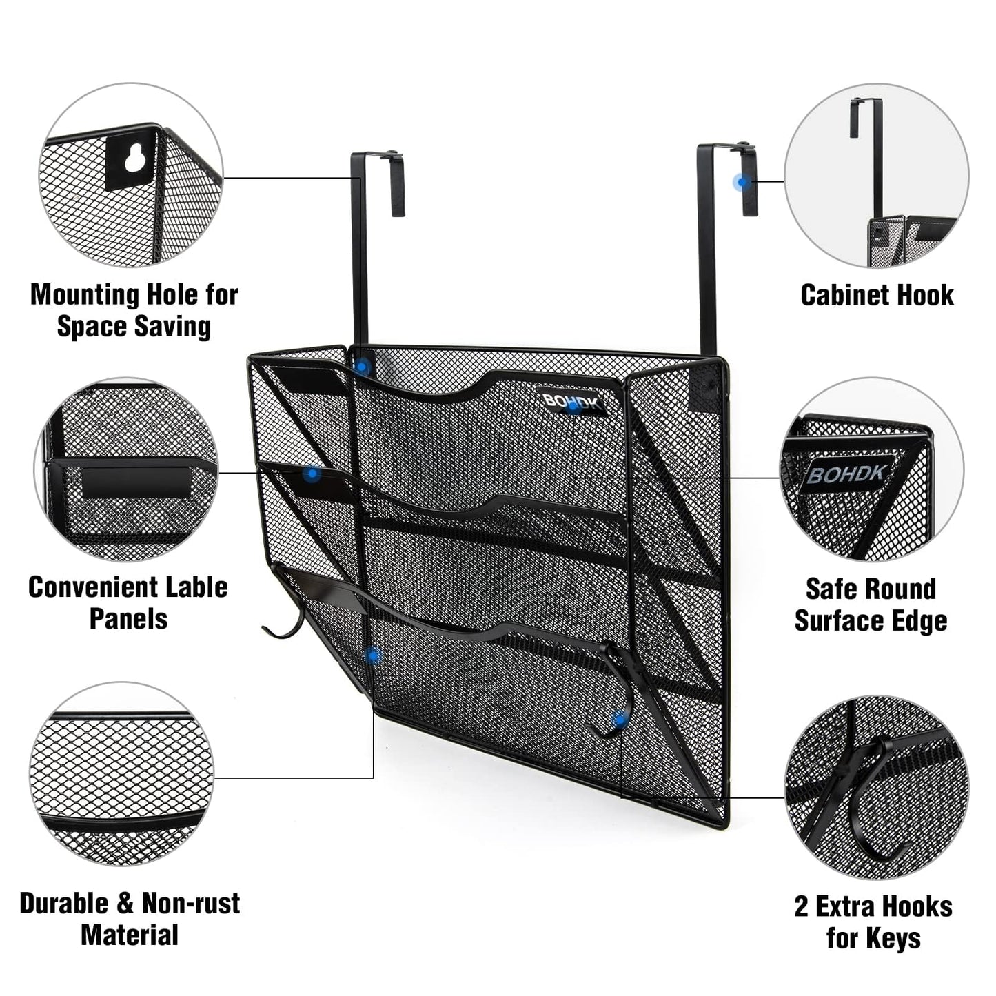 Wall File Organizer, 3 Tire Hanging File Folder Mail Organizer, Vertical Mesh Metal Door/Wall Mount Hanging File Holder, Paper Document Magazine Rack with Hooks for Home Office Black