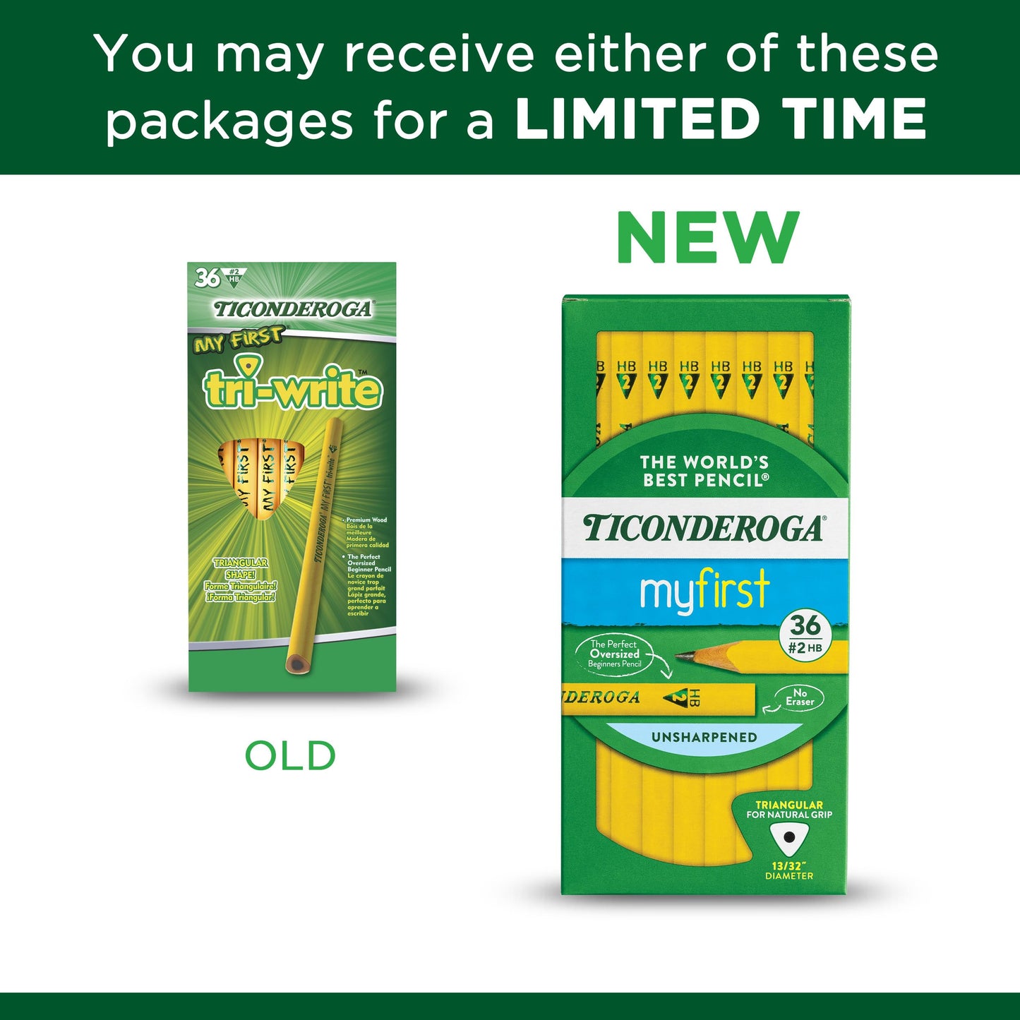 Ticonderoga My First Tri-Write Triangular Pencils, Primary Size, No:2 Soft Without Erasers, Wood-Cased, Black Writing, 36 Count (13084)