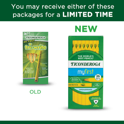 Ticonderoga My First Tri-Write Triangular Pencils, Primary Size, No:2 Soft Without Erasers, Wood-Cased, Black Writing, 36 Count (13084)