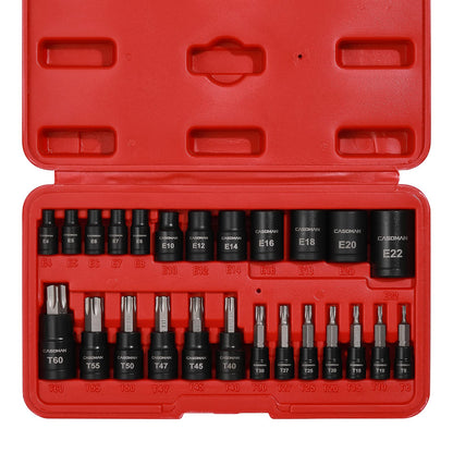 CASOMAN 25 Piece Torx Bit Socket and Female External Socket Set, 13 Star Socket Bits (T8- T60)& 12 Female E-Torx Sockets (E4-E22)