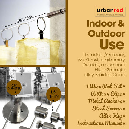 UrbanRed 16.4 FT (5m) Adjustable Indoor Outdoor Wire Curtain Rod Room Divider Hanging System with 24 Clips Wire Hanging System, Clothesline Clothes Hanger Kids Craft Art Decoration on Walls