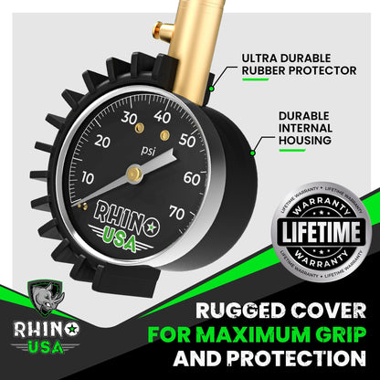 Rhino USA Heavy Duty Tire Pressure Gauge - Certified ANSI B40.1 Accurate, Large 2" Easy Read Glow Dial, Solid Brass Hardware, Best Any Car, Truck, Motorcycle, RV (75psi w/Hose)