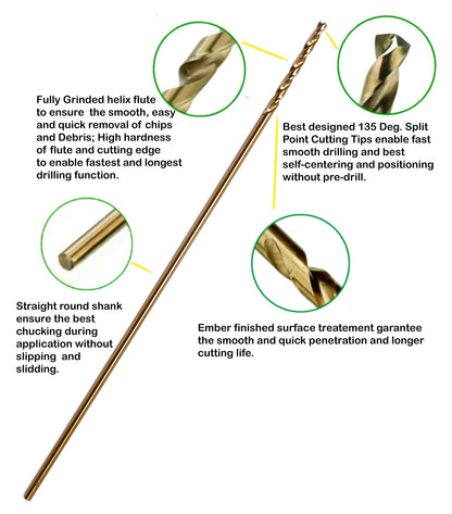 Hss Cobalt Drill Bit Set 3/16 in. x 6 in. Aircraft Extension Extra Long Deep Hole Drilling-5Pcs