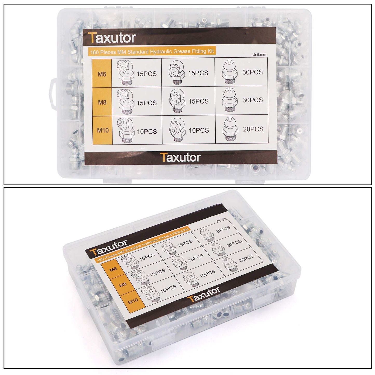 Taxutor 160-Pieces MM Metric Hydraulic Zerk Grease Fitting Assortment Set Kit - M6 M8 M10 Straight, 45 Degree, 90 Degree Angled Grease Zerk Fittings