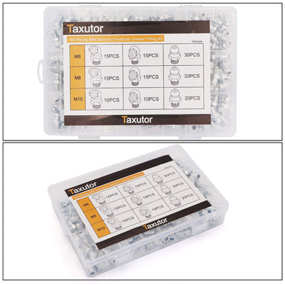 Taxutor 160-Pieces MM Metric Hydraulic Zerk Grease Fitting Assortment Set Kit - M6 M8 M10 Straight, 45 Degree, 90 Degree Angled Grease Zerk Fittings