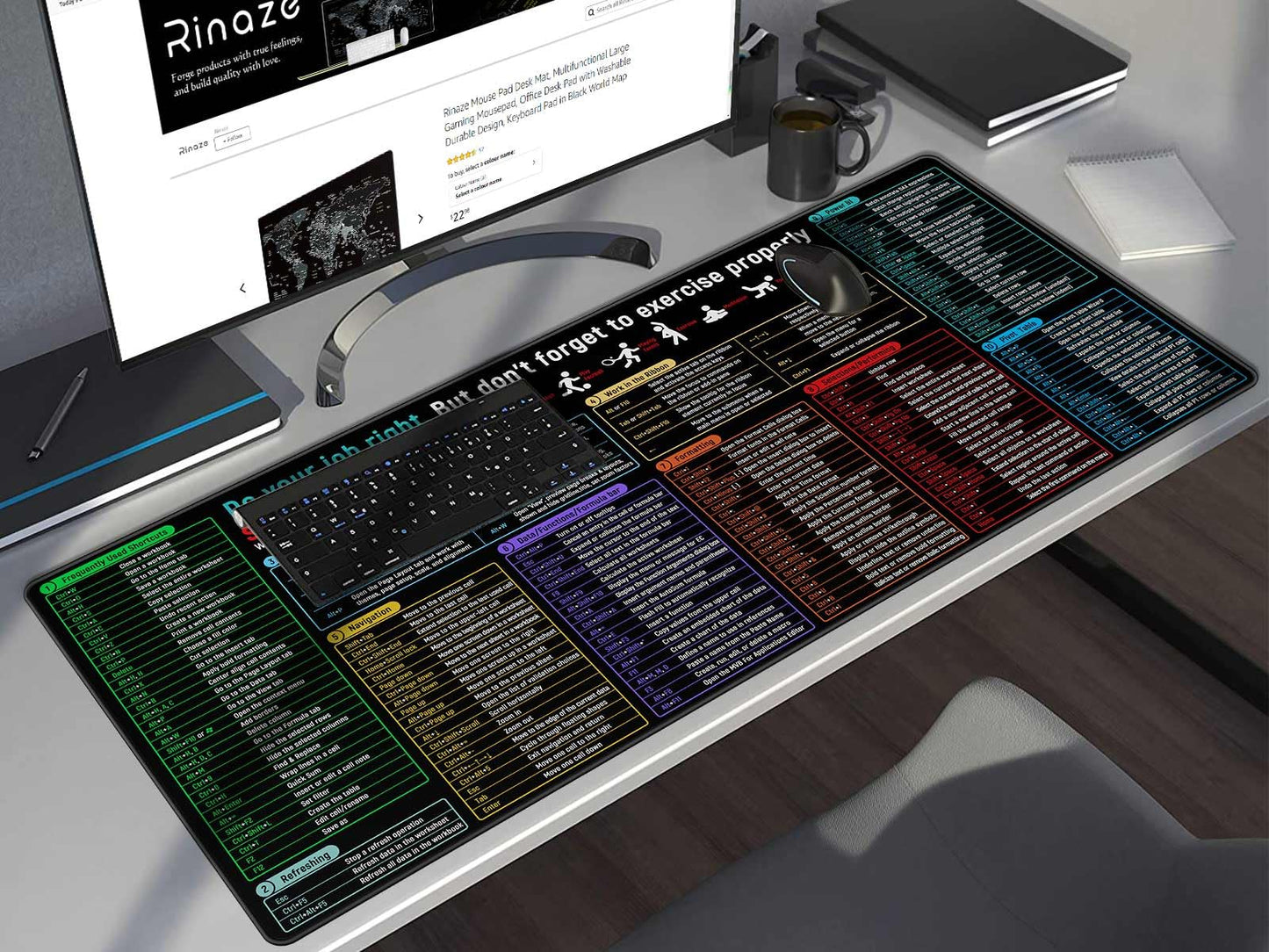 Rinaze Large Mouse Pad with Excel Shortcuts Cheat Sheet Desk Pad, Excel Tips Desk Mat, XXL Gaming Mousepad Keyboard Pad, Office Desk Accessories for Computer, Mac, PC and Laptop