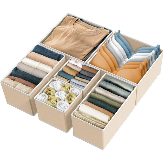Simple Houseware Foldable Storage Basket Box Closet Dresser Drawer Divider Bins Organizer for Clothes,Underwears, Bras, Set of 6, Beige
