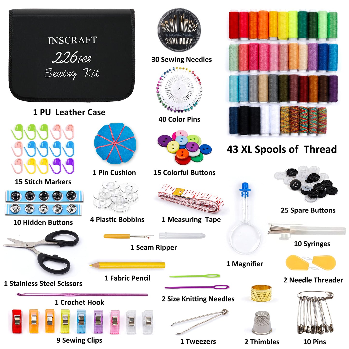 Sewing Kit, 182 Premium Sewing Supplies, 38 XL Thread Spools, Suitable for Traveller, Adults, Kids, Beginner, Emergency, DIY and Home By Inscraft