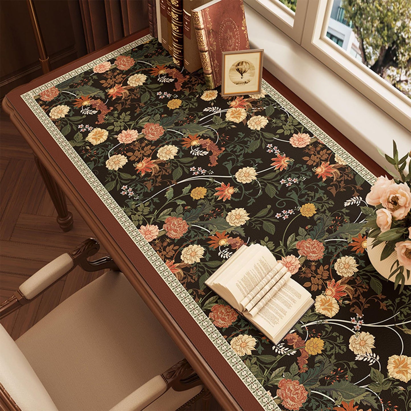 Desk Pad, ZAXOXAZ PU Leather Desk Pad Protector, 31.5" x 15.7" XXL Large Extended Flowers Mouse Pad, Big Desk Mat Floral Desk Blotter, Waterproof Desk Writing Pad for Office and Home