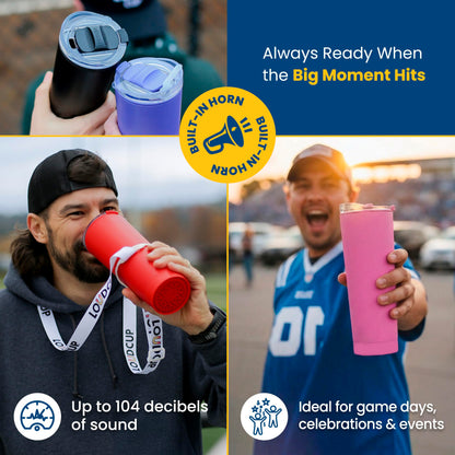 The LoudCup 23oz Reusable Water Bottle (Jet Black) – 2-in-1 Travel Tumbler & Noisemaker – BPA-Free, Blow Horn & Cup with Slide Lid – Perfect for Sports Events, Game Day, Tailgating & Parties
