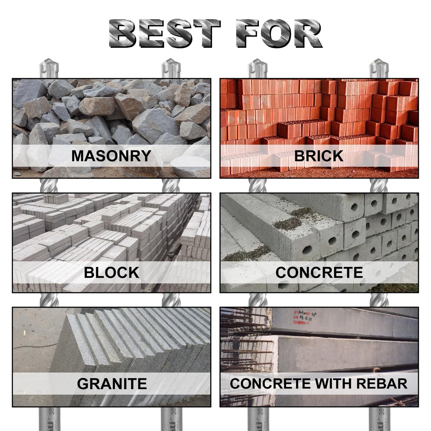 SALI 10PCS 5/32"*6" SDS Plus Rotary Hammer Drill Bit Concrete Drill Bit Kit Cross-Type Double Thread Carbide Material Suitable for Concrete, Brick, Cement Walls, Stone, Hammer Drill Bits for Concrete