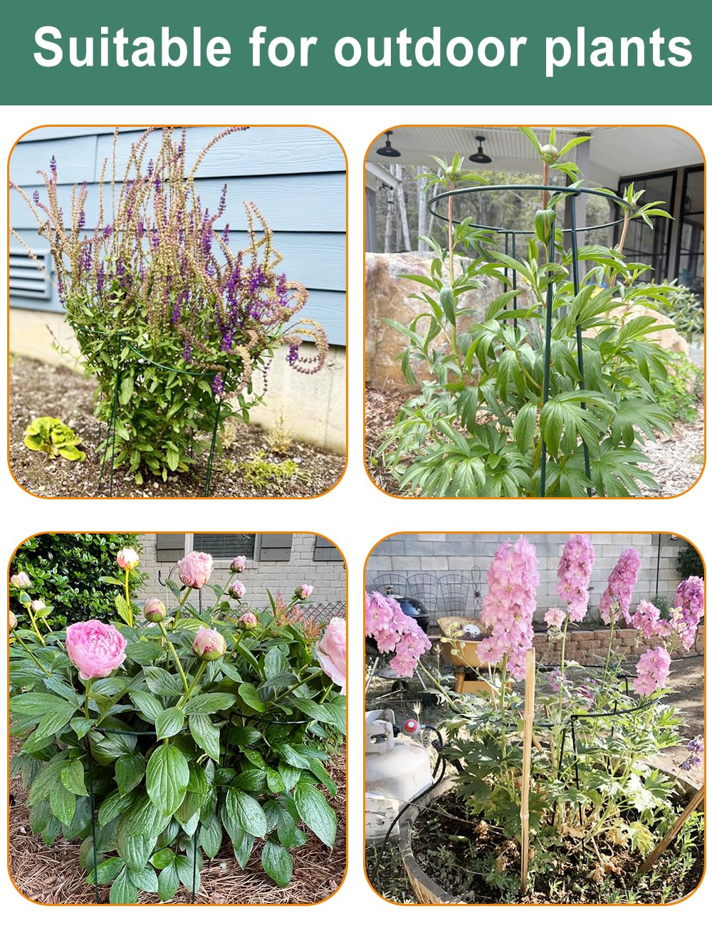 10Pack 40×25cm Plant Support Stakes With 50m Plant Ties, Metal Garden Plant Stakes Half Round Indoor Outdoor Support Ring Cage for Peonies Monstera Hydrangeas Roses Vegetables Tomatoes Tulips Lavender