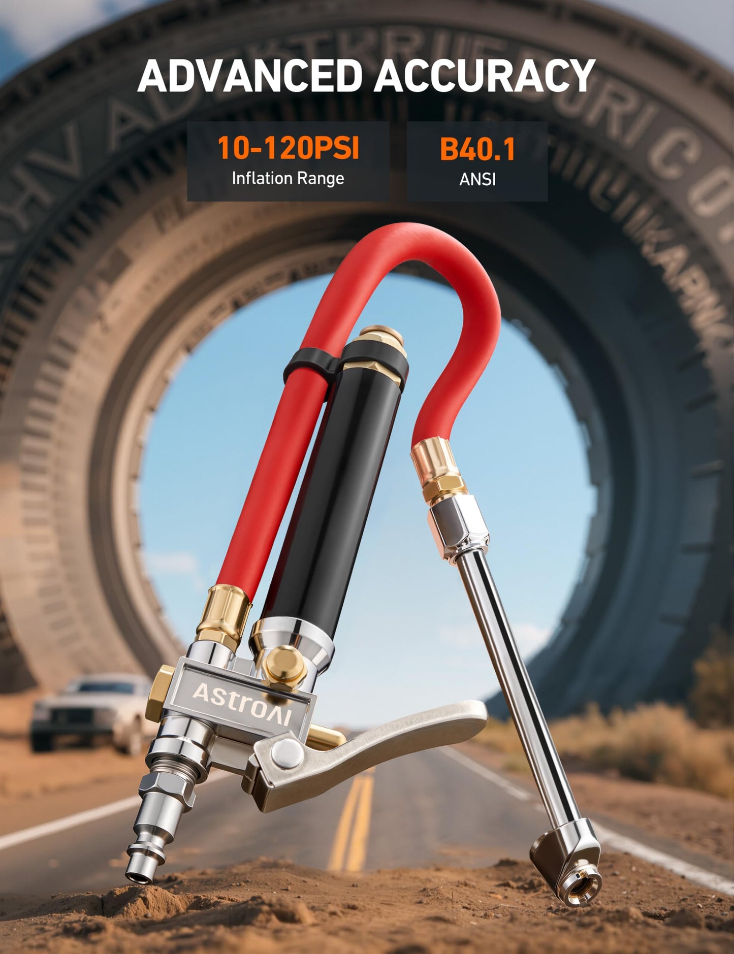 AstroAI T3 Tire Inflator with Pressure Gauge 10-120 PSI, Dual Head Chuck ANSI B40.1 Accurate Tire Pressure Gauge Heavy Duty air Compressor attachments, Compatible with 1/4" NPT tire inflator Chuck