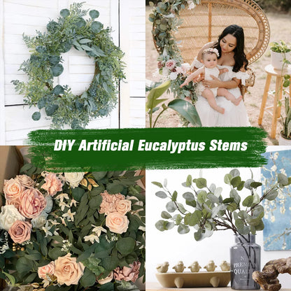 Weldomcor Artificial Eucalyptus Stems, 35 inch Artificial Silver Dollar Leaves Fake Eucalyptus Branches for Wedding Party Flower Arrangement Home Decoration, 4PCS