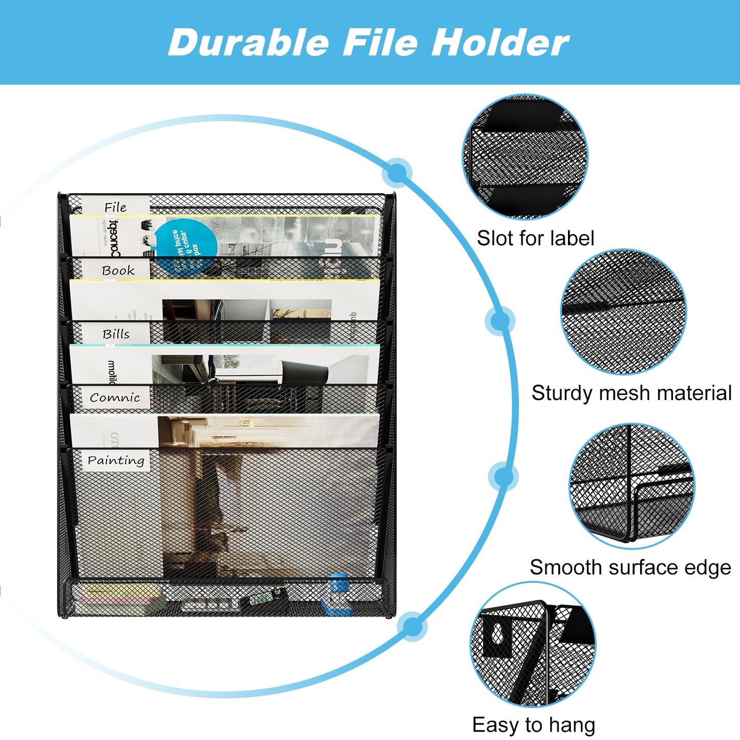 Solinxe Wall File Holder 6 Tier Hanging File Folder Organizer Desk Paper Magazine Document Rack, Black