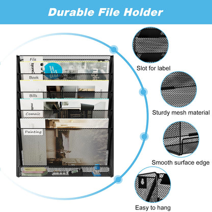 Solinxe Wall File Holder 6 Tier Hanging File Folder Organizer Desk Paper Magazine Document Rack, Black