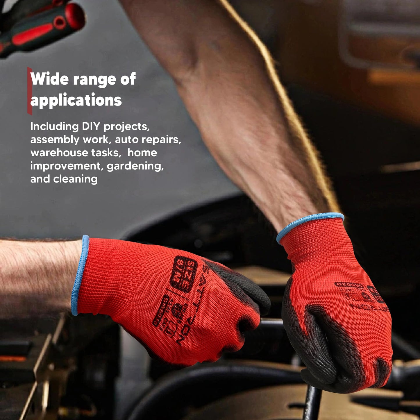 Safety Work Gloves PU Coated, 12 Pairs Seamless Knit Gloves with Polyurethane Coating Working Gloves Excellent Grip for Men & Women, Breathable, Ideal for General Duty Work DIY (Red, X-Large)