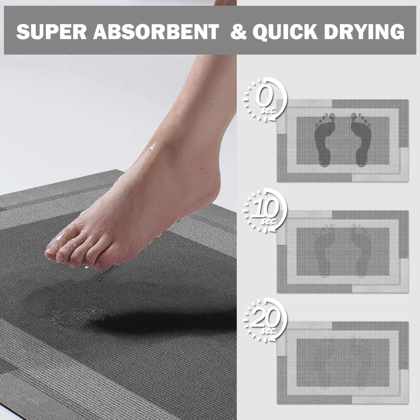 YDKGL Non Slip Bath Mats for Bathroom, Quick Dry Super Absorbent Stain Resistant Rubber Backing Bath Rugs, Ultra Thin Bath Mat Fit Under Door Bathroom Floor Bathtub Shower Room, Gray 20"x 32"