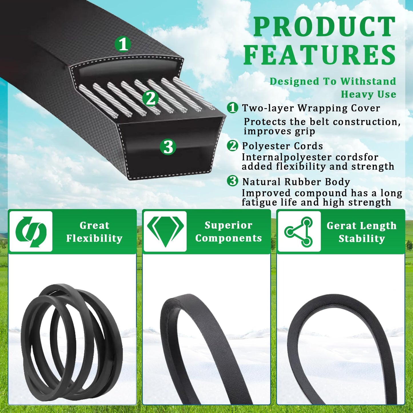 Podoy GX20072 Mower Deck Belt Replacement for John Deere 42 inch Deck L100 L110 LA100 LA115 D110 D105 E100 S100, 1/2" x 103.88" Heavy Duty Reinforced Rubber Lawn Mower Belt