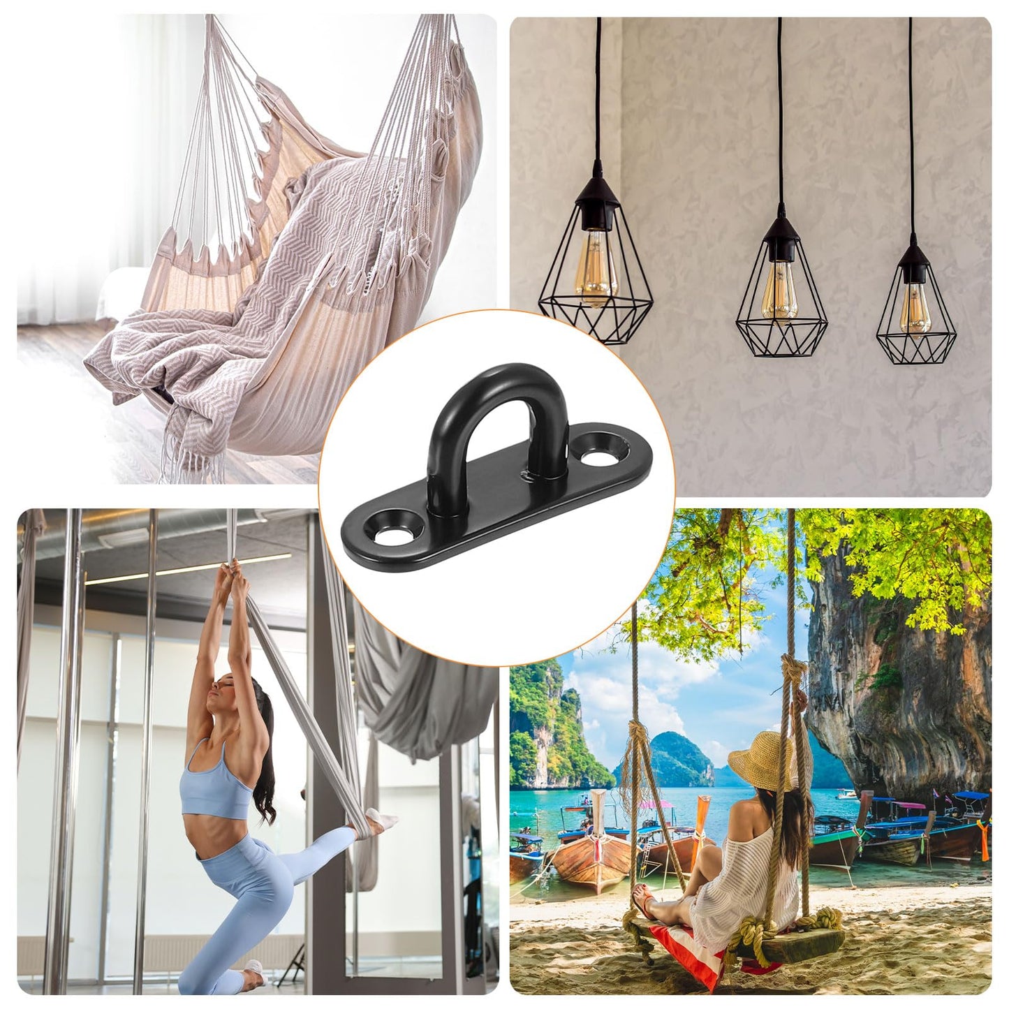 uxcell 4 Pcs Pad Eye Plate, 1.8 Inch 304 Stainless Steel Ceiling Hooks & Snap Hook Marine Hanging U Hook with Screws & Anchors for Securing Hanging, Black