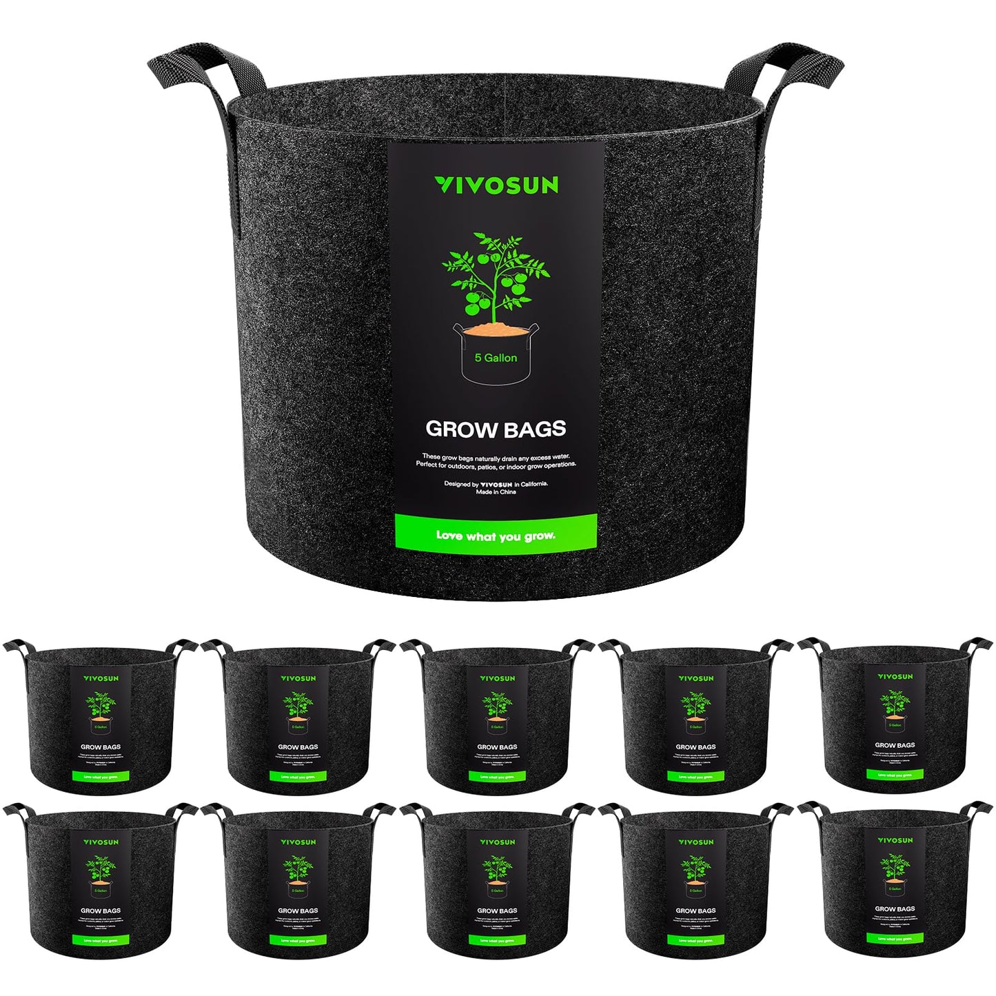 VIVOSUN 10-Pack 5 Gallon Grow Bags Heavy Duty 300G Thickened Nonwoven Plant Fabric Pots with Handles