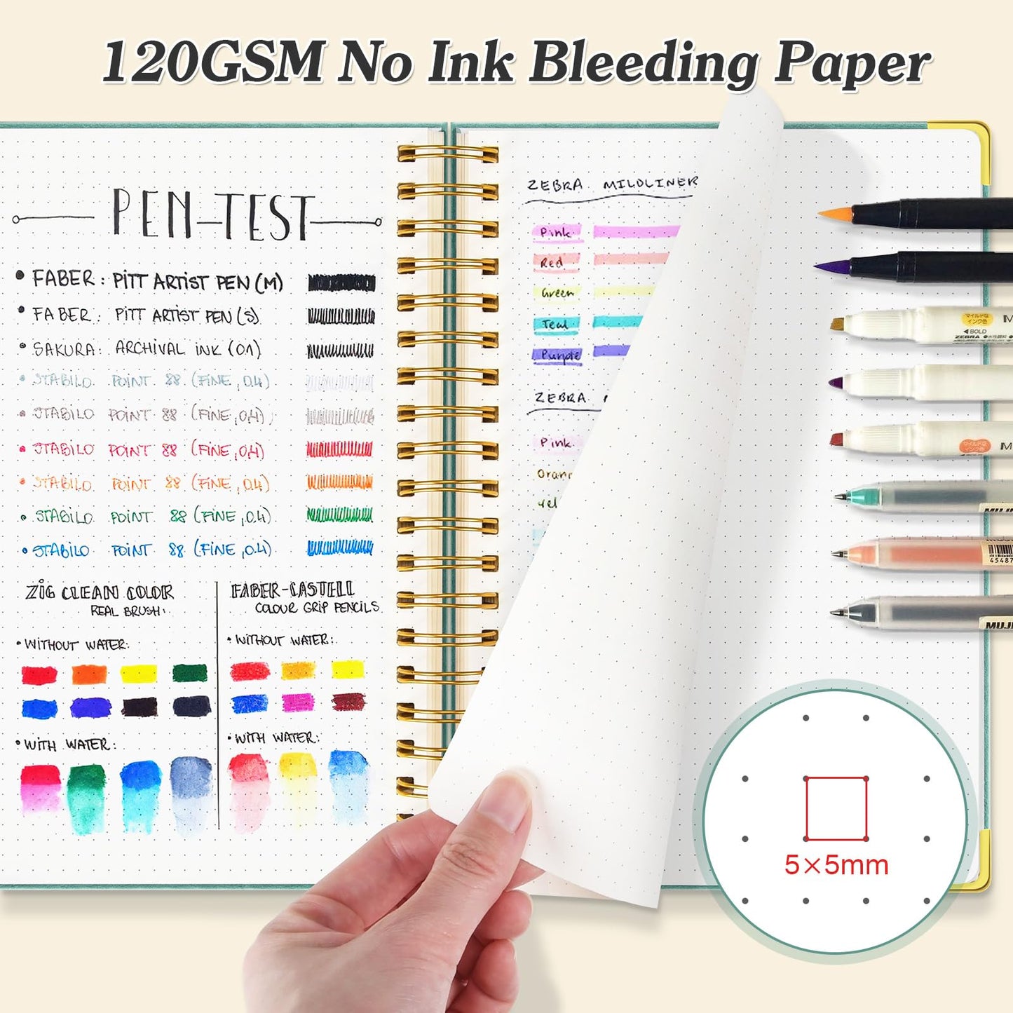 Dotted Journal Spiral Notebook, 300 Pages Leather Notebooks with Contens, 120 GSM Thick No Bleed Through Paper Journals, A5 Dot Grid Notebook for Women Men School Work Writing, 5.5" x 8", Black
