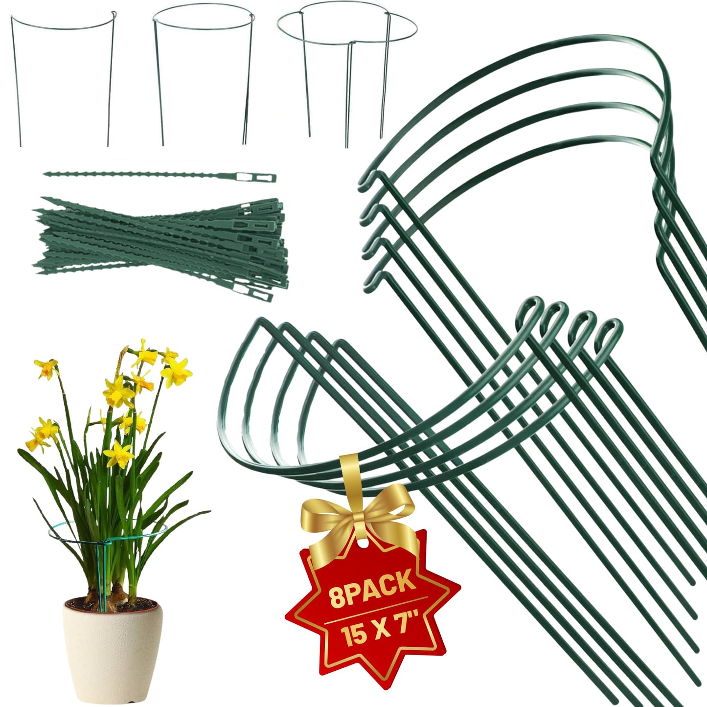 8 Pack Half Round Plant Support for Indoor Outdoor - 15.7", Durable Metal Plant Support Rings with Cuttable Plant Ties to Hold Up Plants Peony, Tomatoes, Hydrangea, Rose