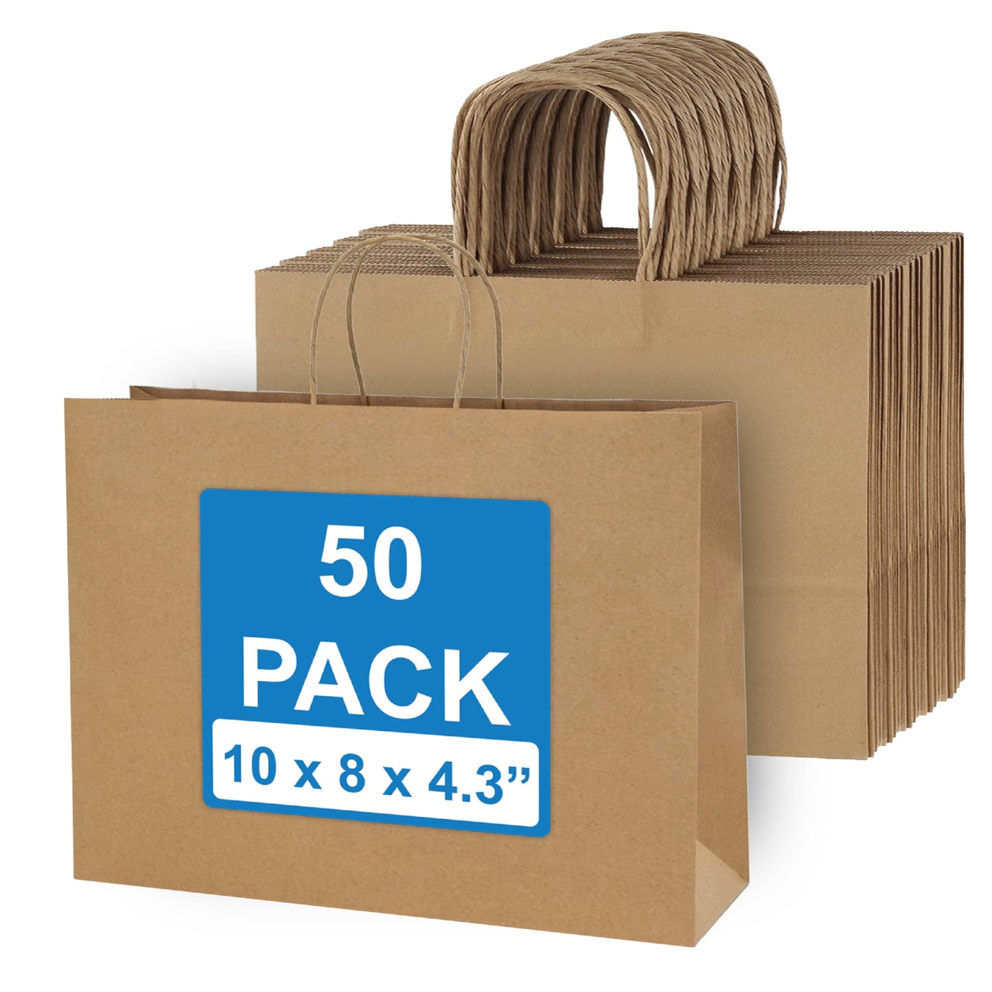 50 Pack Brown Kraft Paper Bags with Handles - 10x8x4.3 inches Paper Tote Bags for Grocery, Retail Stores, and Small Businesses - Gift Bags for Parties, Birthdays, Weddings