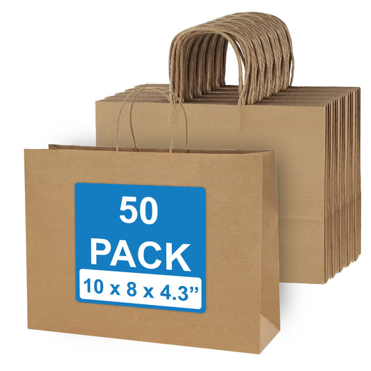 50 Pack Brown Kraft Paper Bags with Handles - 10x8x4.3 inches Paper Tote Bags for Grocery, Retail Stores, and Small Businesses - Gift Bags for Parties, Birthdays, Weddings