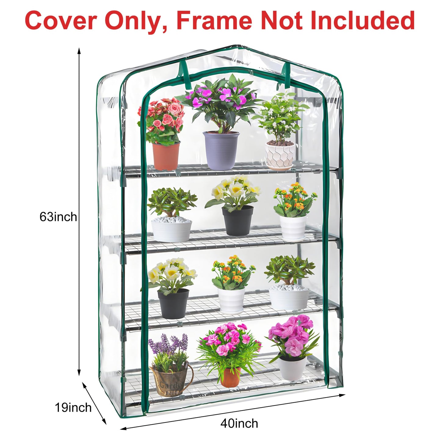 DECOHS Extra Wide 4 Tier Greenhouse Replacement Cover- 63 x 40 x 19 Inch Clear PVC Plant Gardening Greenhouse Cover with Roll-Up Zipper Door for Gardening Plants Flowers (Frame Not Include)