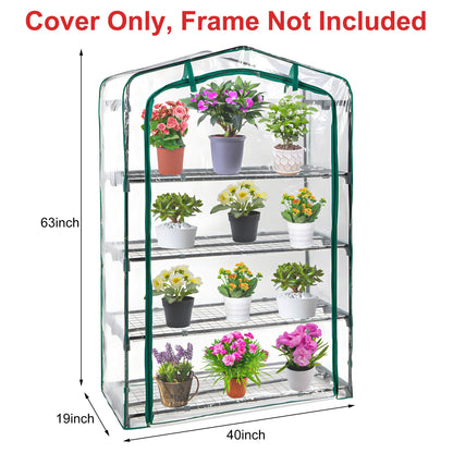 DECOHS Extra Wide 4 Tier Greenhouse Replacement Cover- 63 x 40 x 19 Inch Clear PVC Plant Gardening Greenhouse Cover with Roll-Up Zipper Door for Gardening Plants Flowers (Frame Not Include)