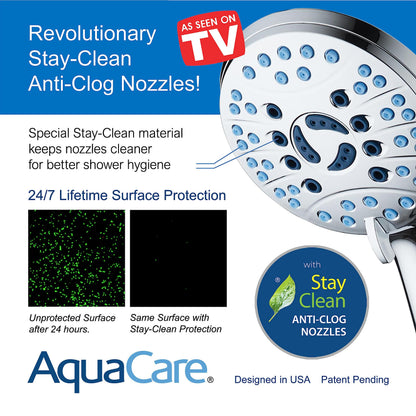 AquaCare High Pressure 8-Mode Handheld Shower Head - Anti-Clog Nozzles, Built-in Power Wash to Clean Tub, Tile & Pets, Extra Long 6 ft. Stainless Steel Hose, Wall & Overhead Brackets