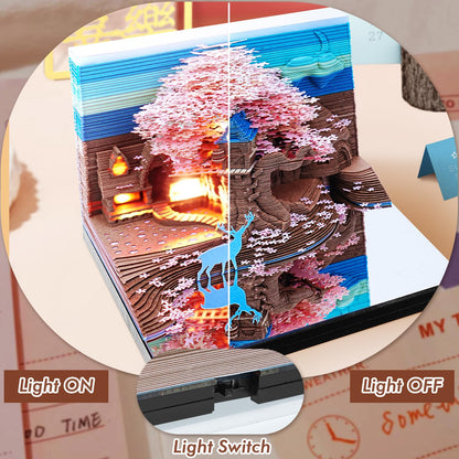 3D Calendar 2026 Memo Pad Time Piece Calendar Elk Sakura Tree House Paper Art Notepad Carving Gift Desk Decor, Art Desk Calendar DIY Notes with LED Lights/Case, Craft Sculpture Home Office Decoration