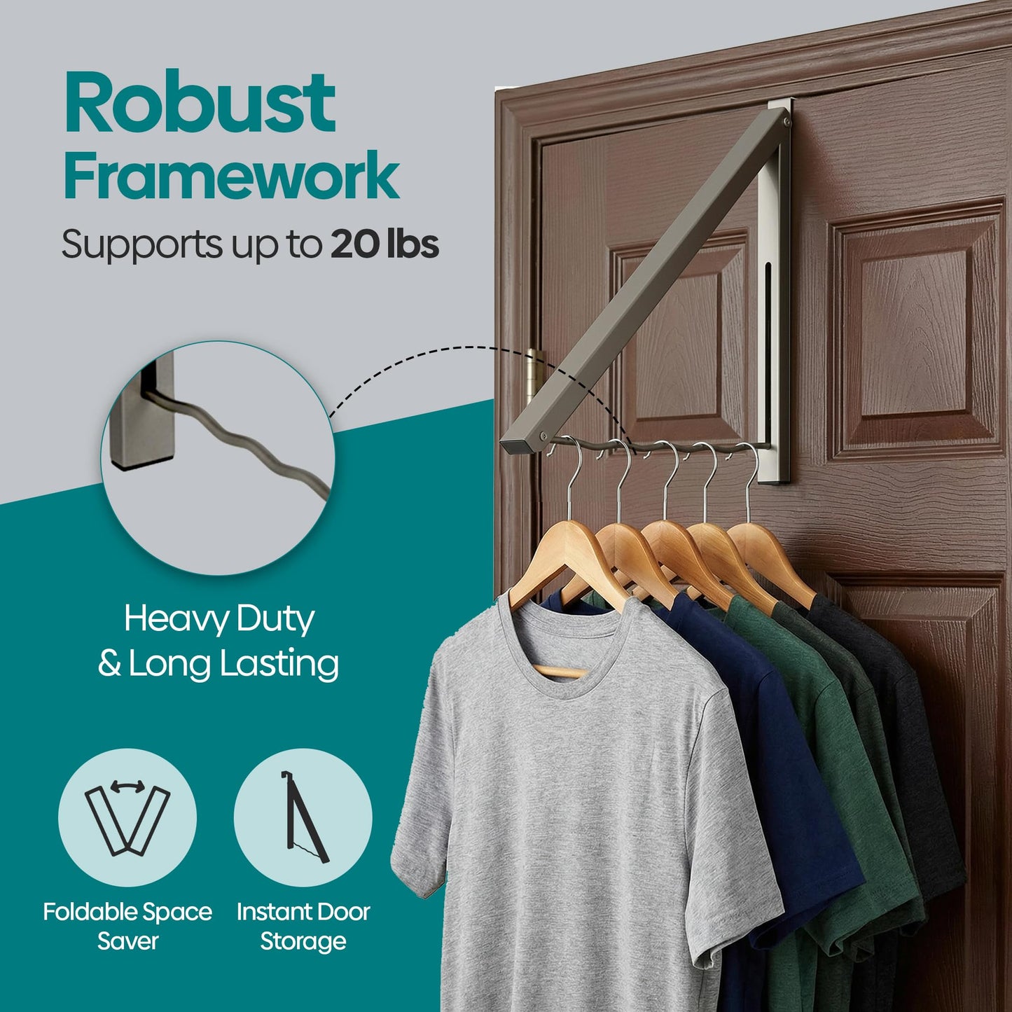 Over The Door Hanger - Closet Hanger Retractable Collapsible Folding Hanging Rack Organizer for Clothes & Towels Ideal for Bathrooms, Dorm Rooms Etc. - Satin Nickel (Includes one Hook)