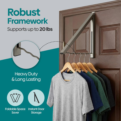 Over The Door Hanger - Closet Hanger Retractable Collapsible Folding Hanging Rack Organizer for Clothes & Towels Ideal for Bathrooms, Dorm Rooms Etc. - Satin Nickel (Includes one Hook)