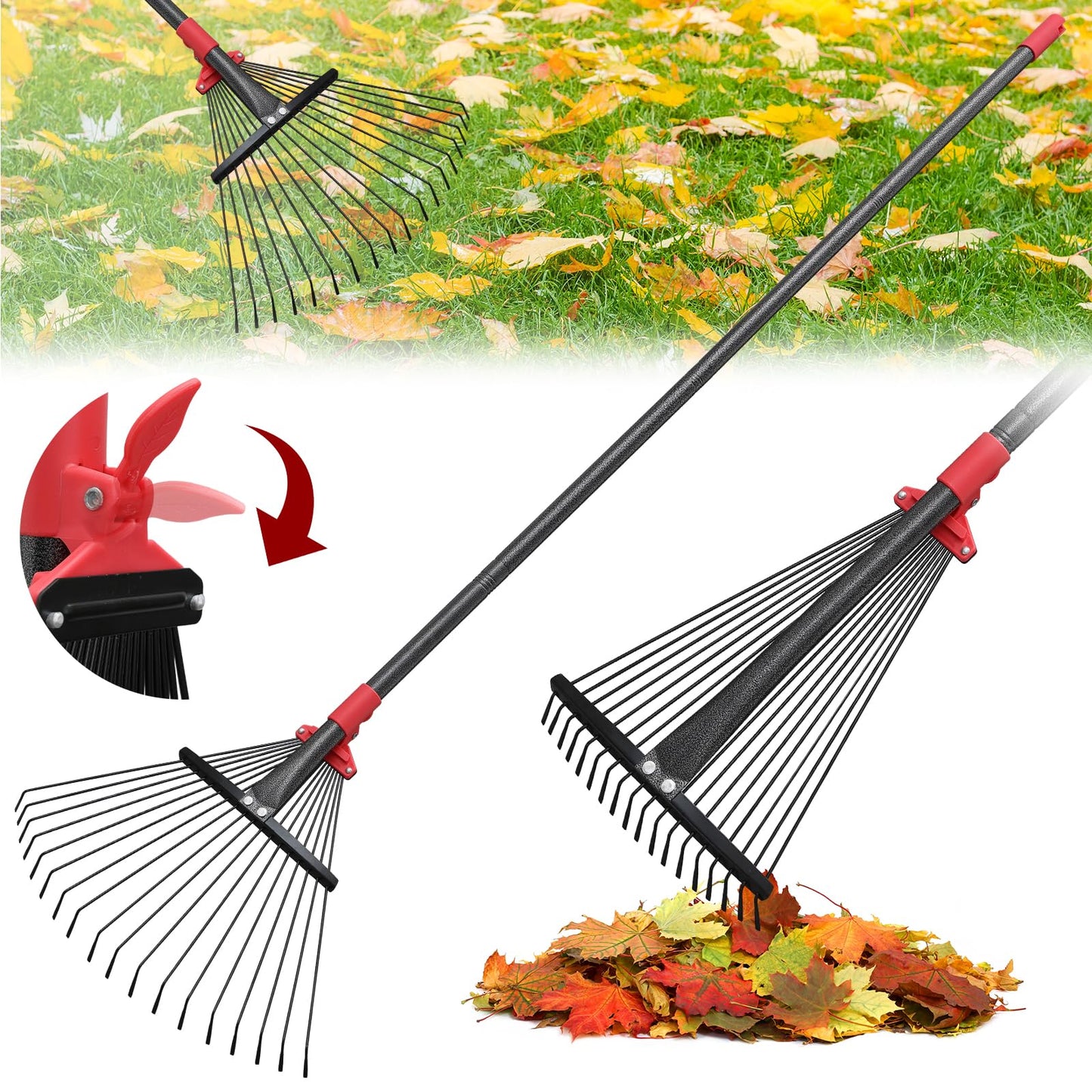 76 Inch Rake for Leaves, Adjustable 18 Metal Tines with Expandable Head Garden Rakes for Lawns Heavy Duty Metal Rake for Leaves Yard Gardening Grass Outdoor Debris