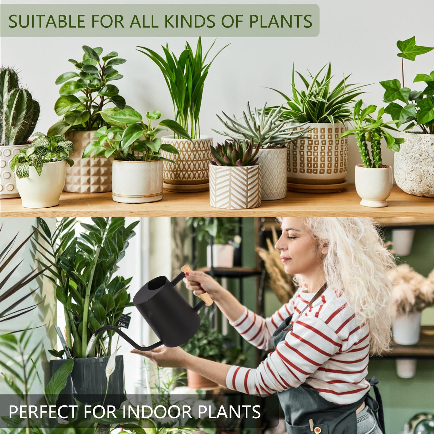 Watering Can Indoor Plants, 35oz Small Watering Can Stainless Steel Metal Modern Decorative Watering Pot with Long Spout for Indoor House Plant Bonsai Garden Flowers - Black