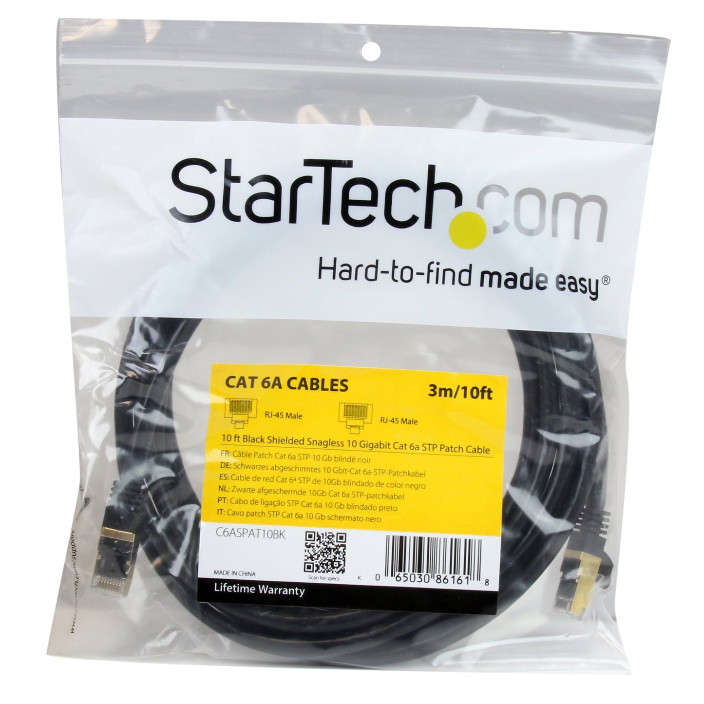StarTech.com 10 ft CAT6a Ethernet Cable - 10 Gigabit Shielded Snagless RJ45 100W PoE Patch Cord - 10GbE STP Category 6a Network Cable w/Strain Relief - Black Fluke Tested UL/TIA Certified (C6ASPAT10BK)