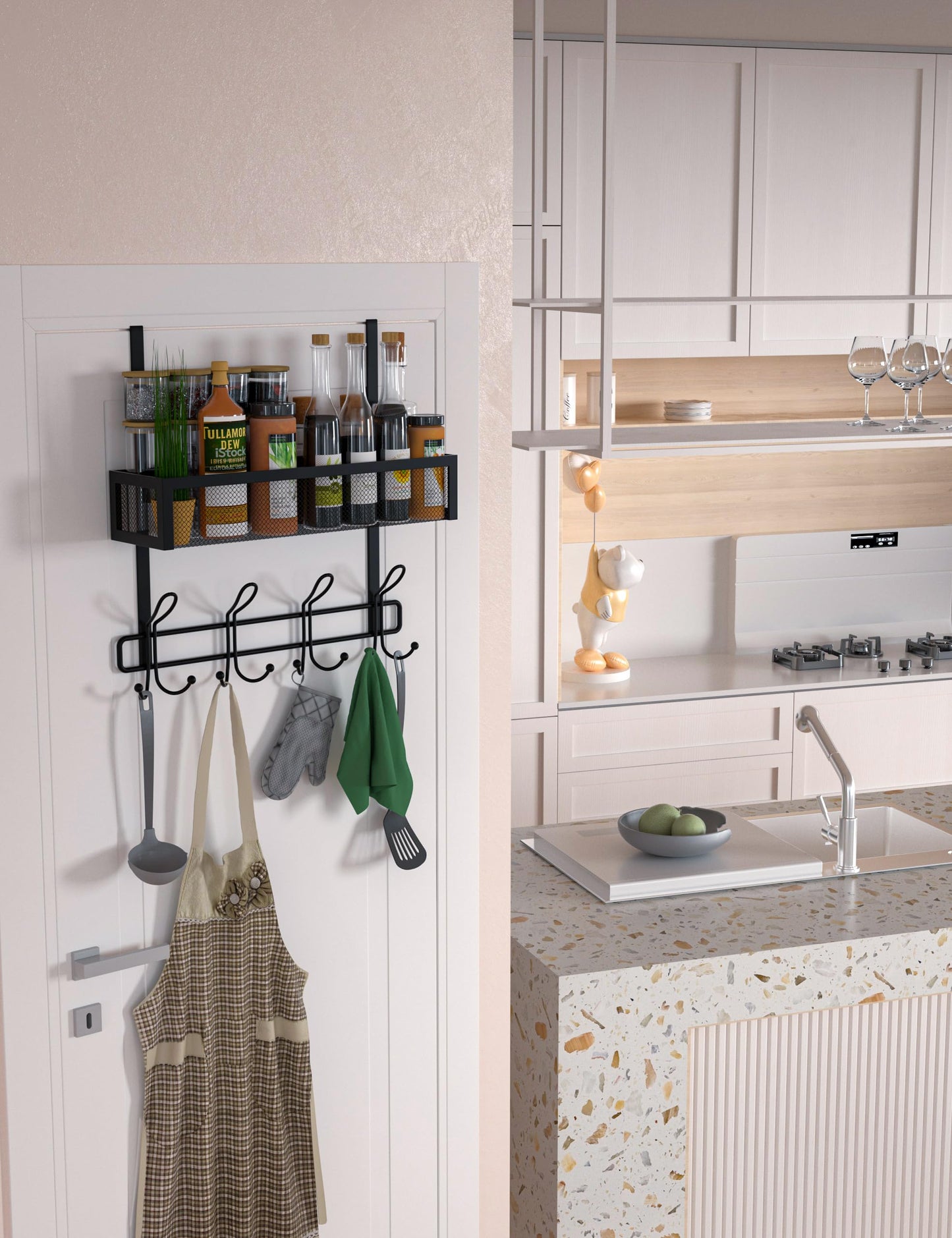 Over The Door Hooks Organizer Storage - Over The Door Hanger for Coat Rack, Over Door Storage with 12 Hooks & 2 Mesh Baskets, for Bathroom,Bedroom,Kitchen,Office (Single Basket)