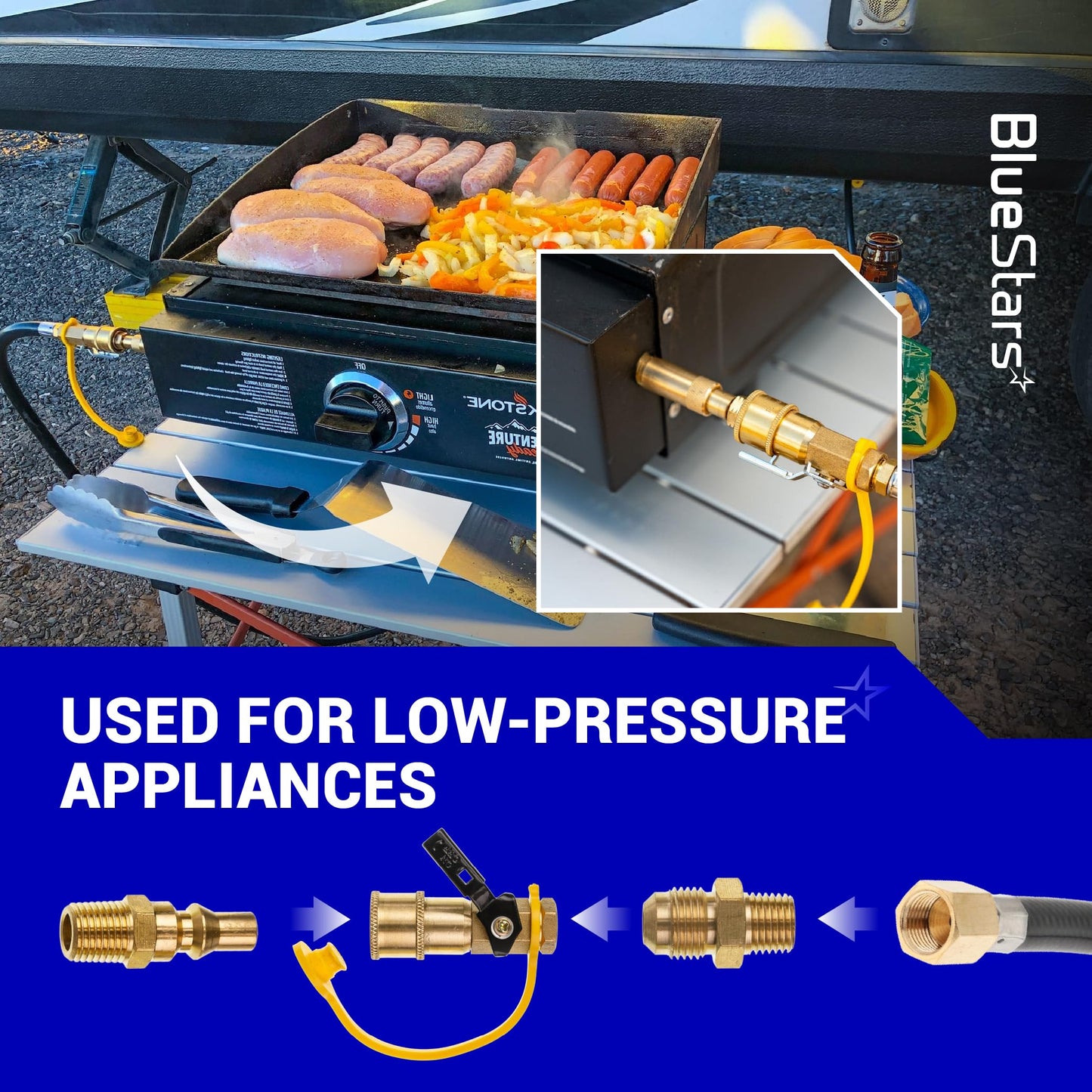 [100% Solid Brass] BlueStars 1/4" RV Propane Quick Connect Fittings Kit - Natural Gas Quick Connect Disconnect Kit, 1/4" Male NPT & 3/8" Male Flare - for Gas Heater Grill Fire Pit, RV Quick Connect