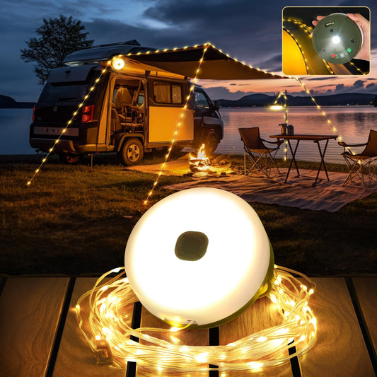 YUNJAYI Retractable Camping String Lights, 33FT 3000mAh Rechargeable 4 in 1 Camp Lights String with 9 Lighting Modes, Outdoor String Lights Waterproof, Portable Camping Lights for Yard, Tent & Hiking