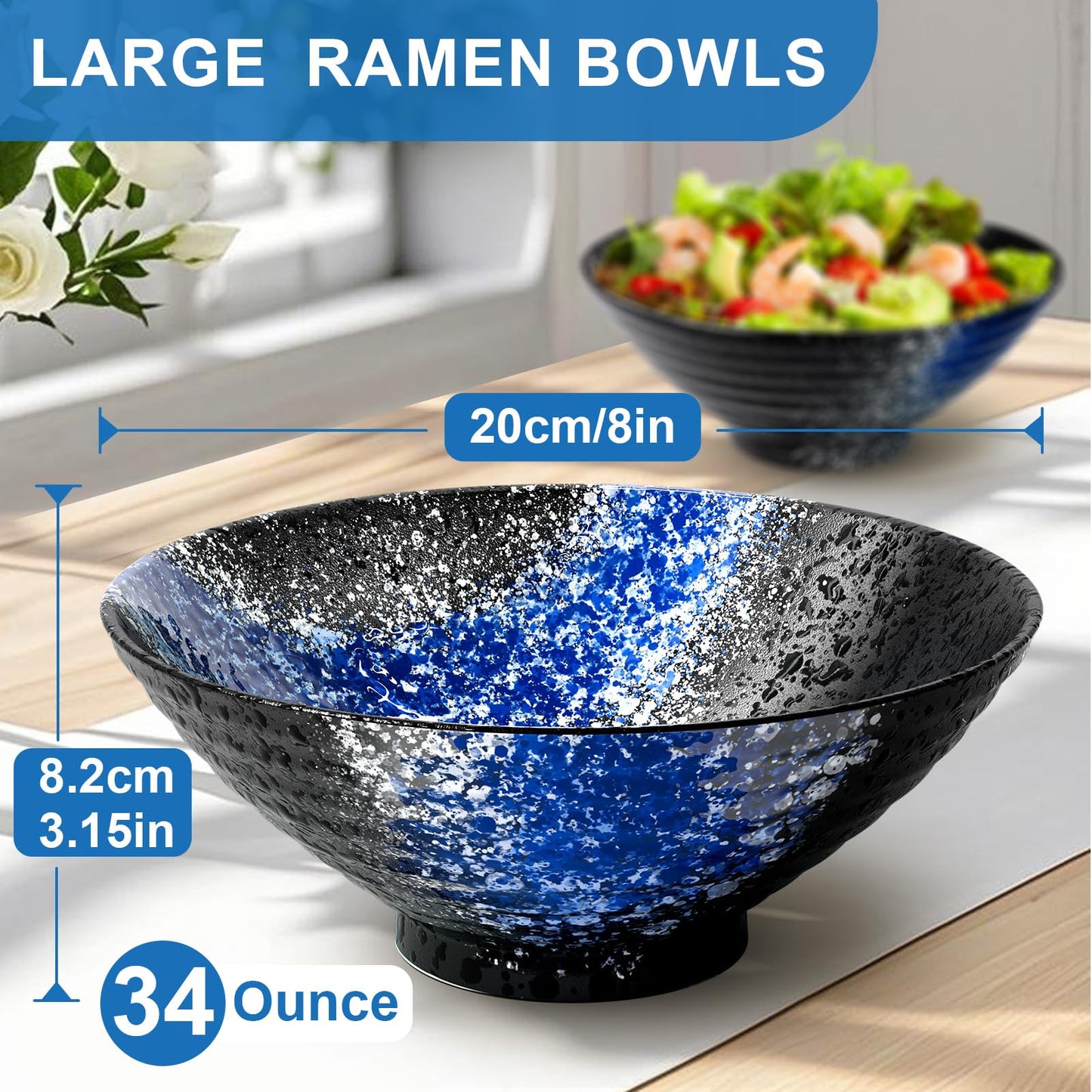 8-Inch Ceramic Ramen Bowl Set of 2 (9 Piece) - Porcelain Japanese Salad Noodles Cereal Fruit Pasta Soup Large Bowls with Recipes Chopsticks Forks Spoons for Men Women Gift Microwave & Dishwasher Safe