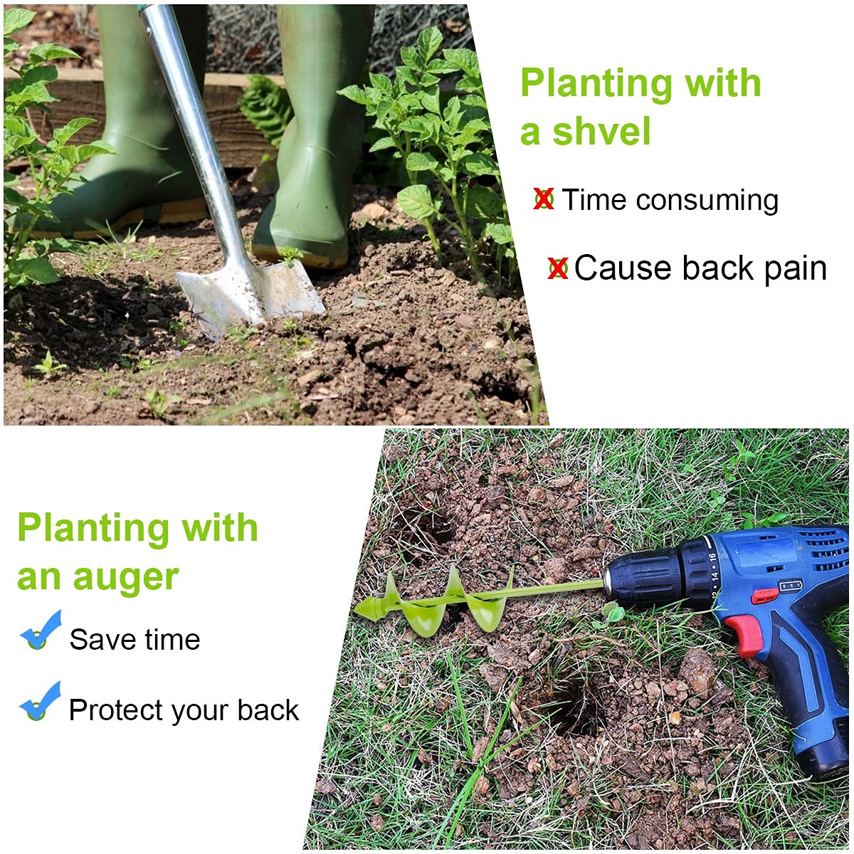 SLIIMU Auger Drill Bit for Planting, 1.6"x16" & 3.15"x16" Heavy Duty Steel Drill Head Garden Auger Spiral Drill Bit Set,Earth Bulb Auger Drill Planter,Soil Post Hole Digger for 3/8" Hex Cordless Drill