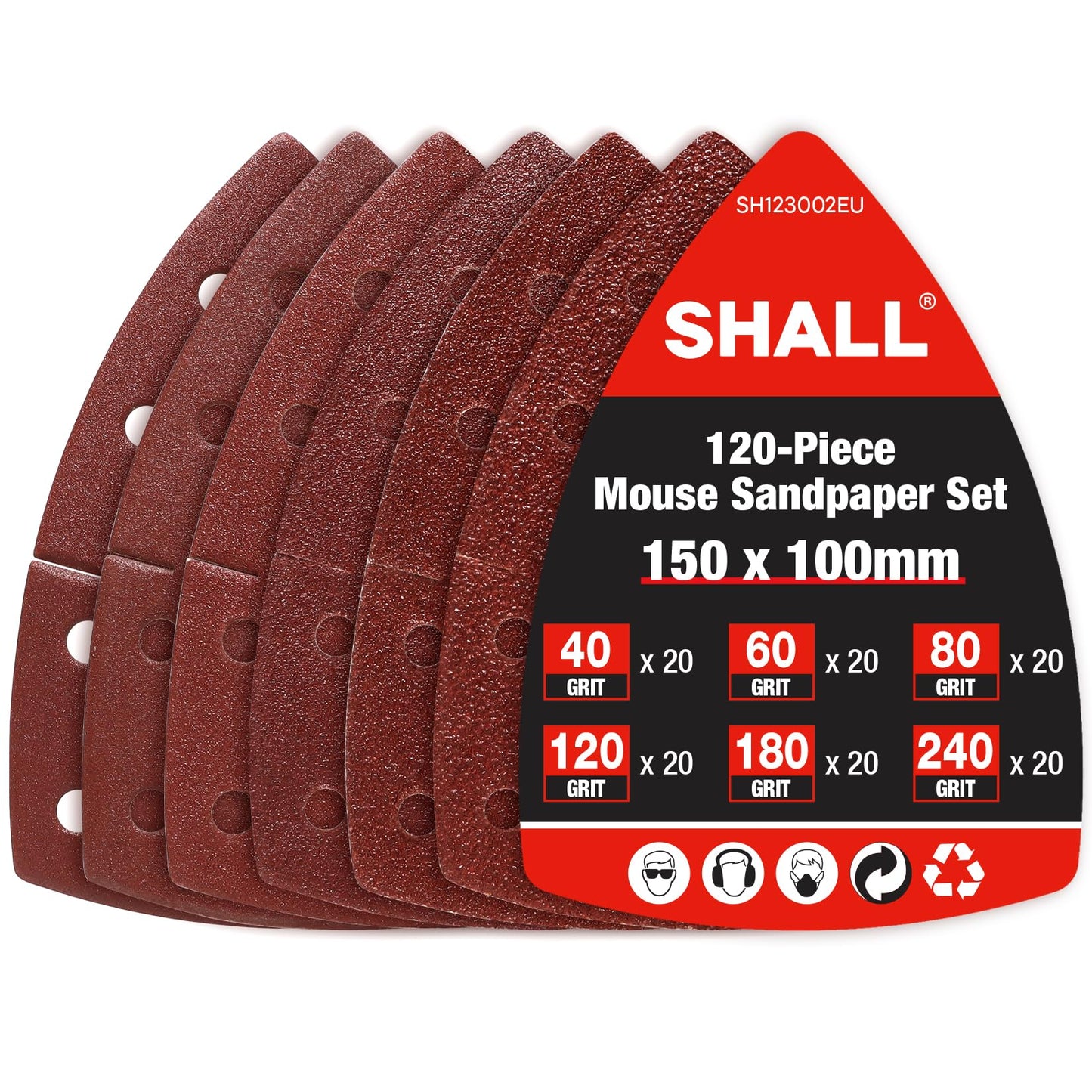 SHALL 120-Piece Mouse Sander Pads, Detail Sander Sandpaper, Palm Sander Sandpaper, Assorted Grits, 40, 60, 80, 120, 180 & 240 Mixed Grits Included, Suitable for Sander