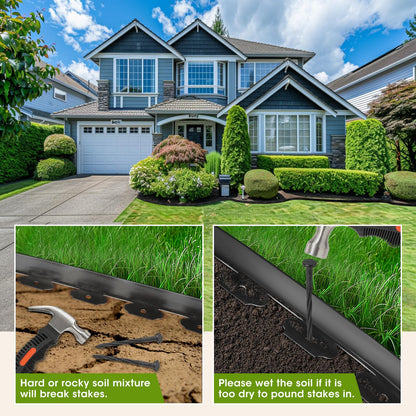 Pruite 33FT Flexible Landscape Edging Kit (2IN Tall) - Black Plastic Garden Borders with 40 Spikes, Lawn Edging for Yard Flowerbeds, Grass & Landscaping